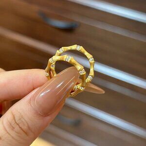 Women Vintage Gold Filled Bamboo Link Adjustable Ring Diamond Cut Rhinestone 1PC